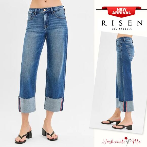 RISEN Tummy Control Mid Rise Cuffed Hem Dark Wash Cropped Wide Leg Denim Jeans - Picture 1 of 6